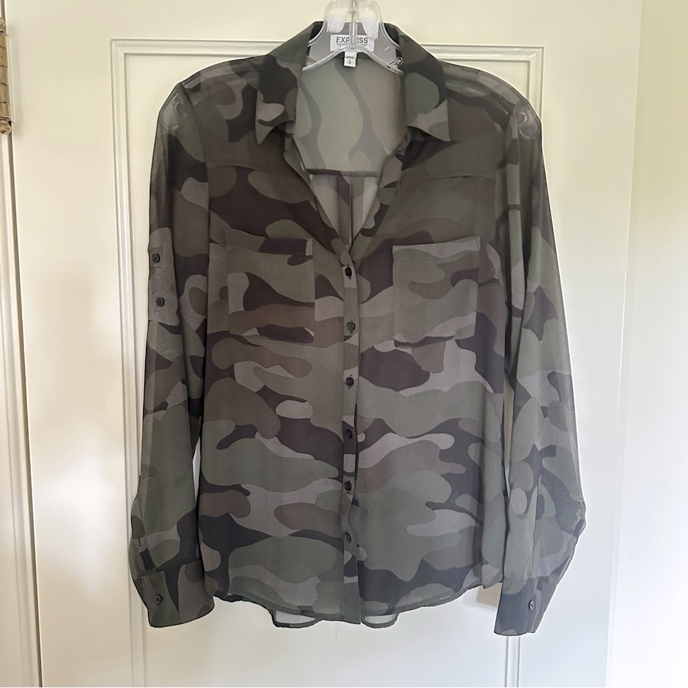 Express Portofino Camouflage Semi-Sheer Button-Up Shirt - Size Small